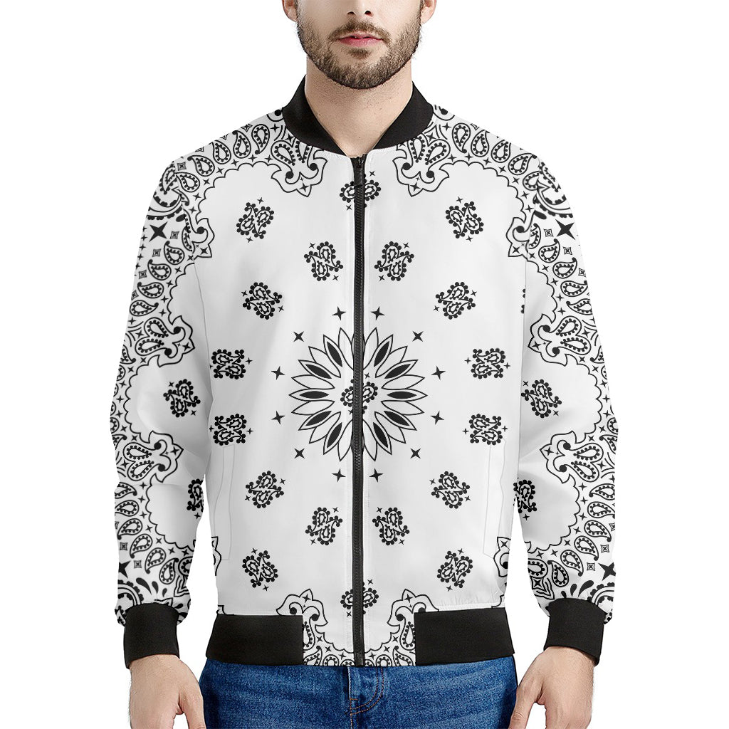 White Paisley Bandana Print Men's Bomber Jacket